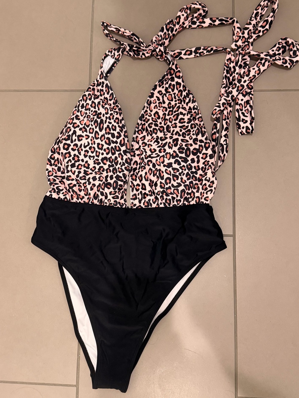 Women’s  Pink Leopard Print and Black One-Piece Swimsuit